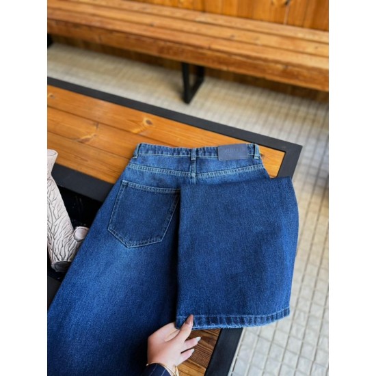 شلوار فلر بگ جین آبی جلو جیب