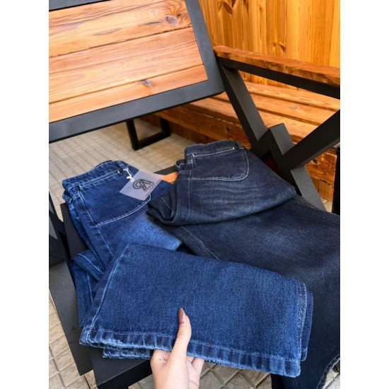 شلوار فلر بگ جین آبی جلو جیب