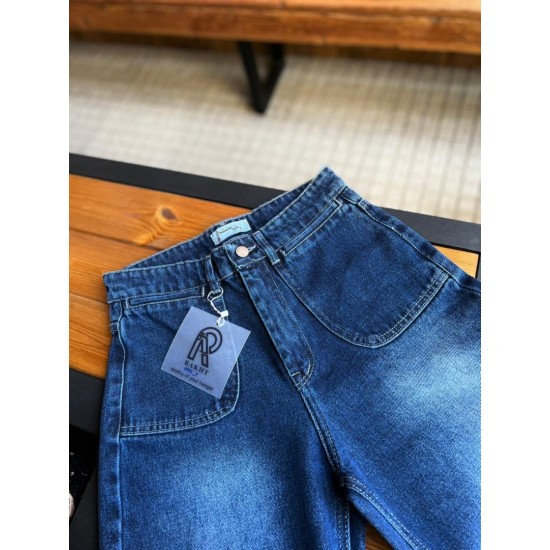 شلوار فلر بگ جین آبی جلو جیب