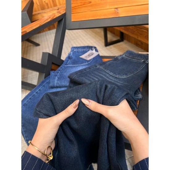 شلوار فلر بگ جین آبی جلو جیب