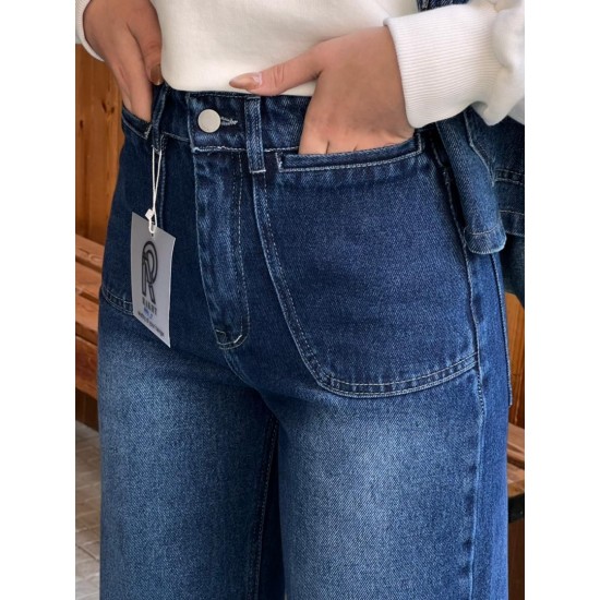 شلوار فلر بگ جین آبی جلو جیب