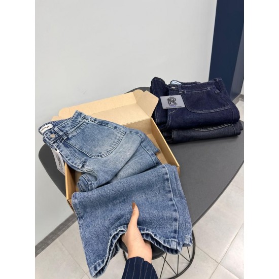 شلوار فلر بگ جین آبی جلو جیب