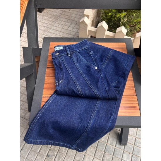 شلوار فلر بگ جین آبی جلو دوخت