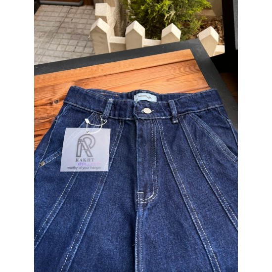 شلوار فلر بگ جین آبی جلو دوخت