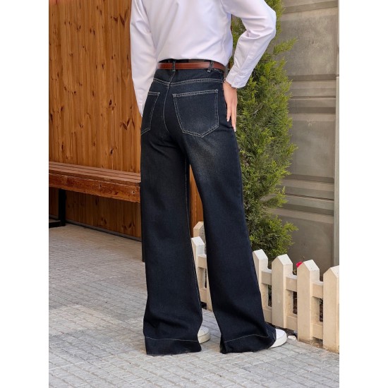 شلوار فلر بگ جین آبی جلو دوخت شلوار فلر بگ جین آبی جلو دوخت