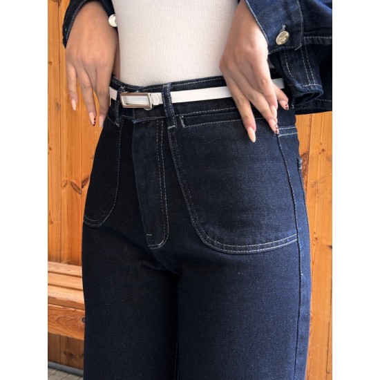 شلوار فلر بگ جین آبی جیب هلالی شلوار فلر بگ جین آبی جیب هلالی