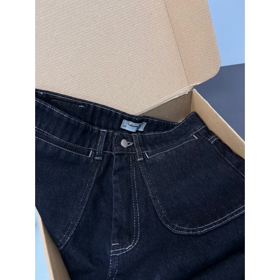 شلوار فلر بگ جین آبی جیب هلالی شلوار فلر بگ جین آبی جیب هلالی