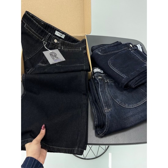 شلوار فلر بگ جین آبی جیب هلالی شلوار فلر بگ جین آبی جیب هلالی