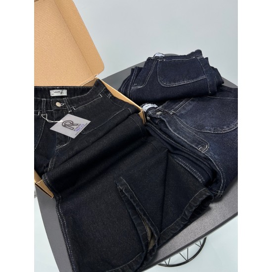 شلوار فلر بگ جین آبی جیب هلالی شلوار فلر بگ جین آبی جیب هلالی