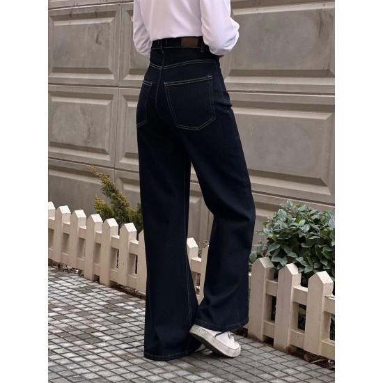 شلوار فلر بگ جین آبی جیب هلالی شلوار فلر بگ جین آبی جیب هلالی