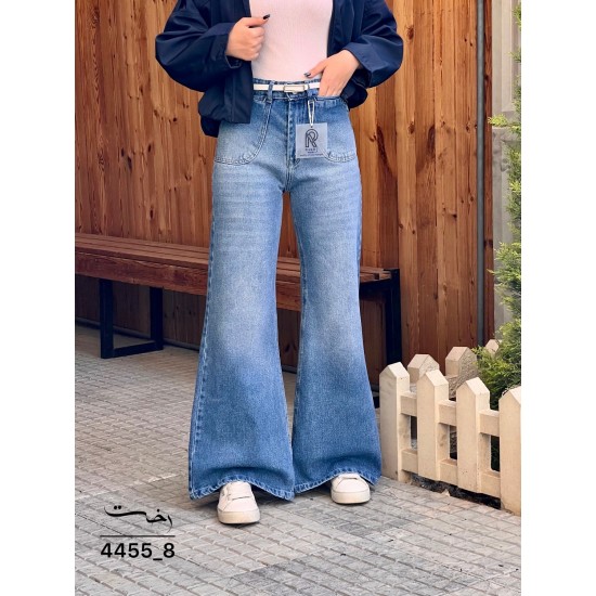 شلوار فلر بگ جین آبی جیب هلالی