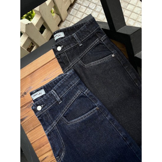 شلوار فلر بگ جین آبی کمر V