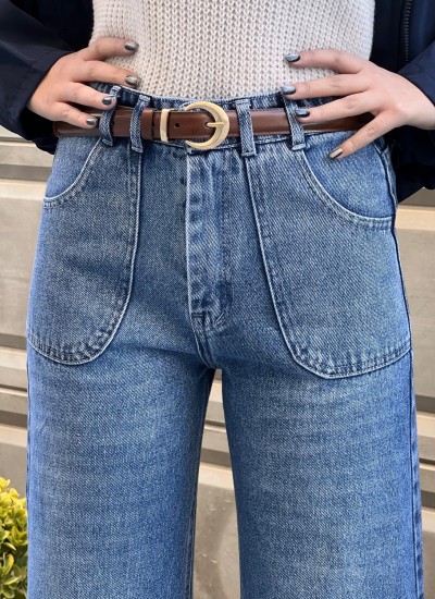 شلوار فلر بگ جین آبی جیب هلالی