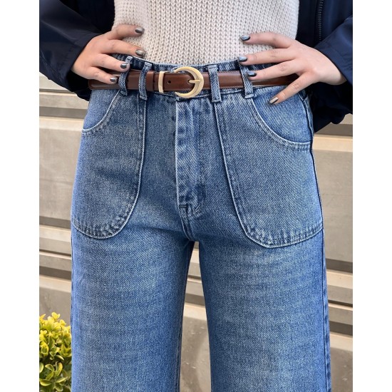 شلوار فلر بگ جین آبی جیب هلالی