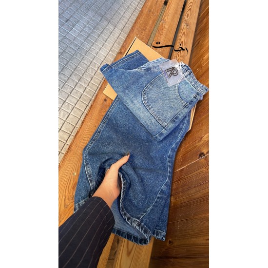 شلوار فلر بگ جین آبی جیب هلالی