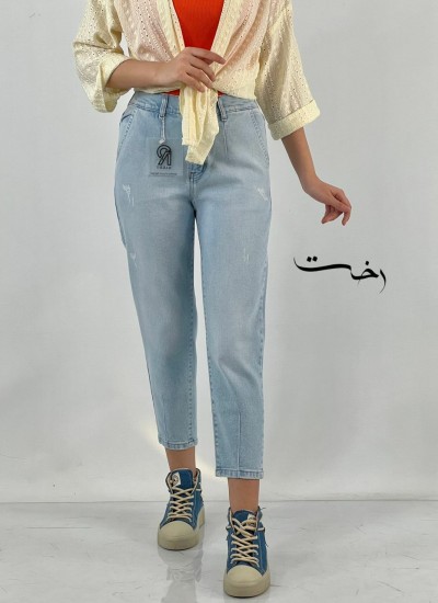 شلوار مام فیت جین پارچه کش آبی