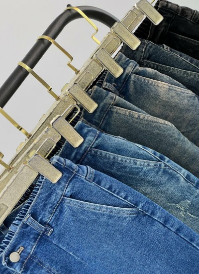 شلوار مام فیت کشی جین ذغالی و آبی