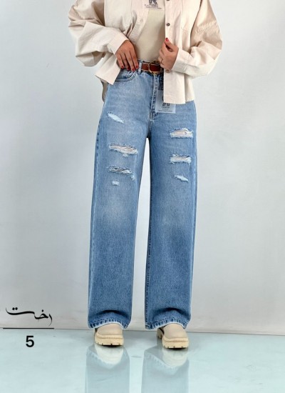 شلوار نیم بگ جین آبی کمر ساده