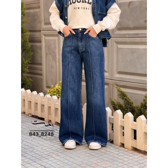 شلوار فلر بگ جین آبی جلو دوخت