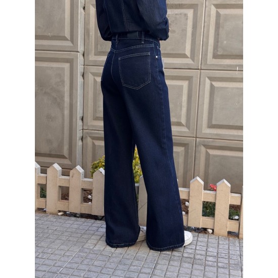 شلوار فلر بگ جین آبی جلو دوخت