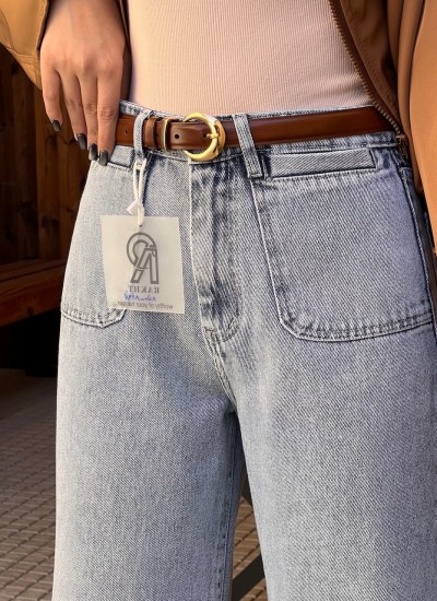 شلوار فلر بگ جین آبی جیب هلالی