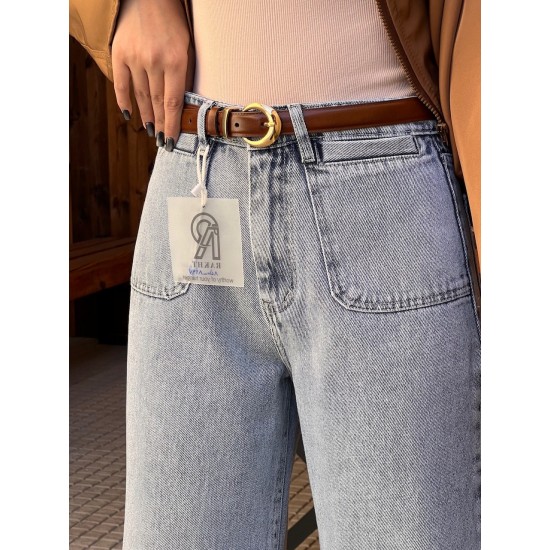 شلوار فلر بگ جین آبی جیب هلالی