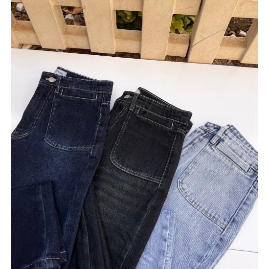 شلوار فلر بگ جین آبی جیب هلالی