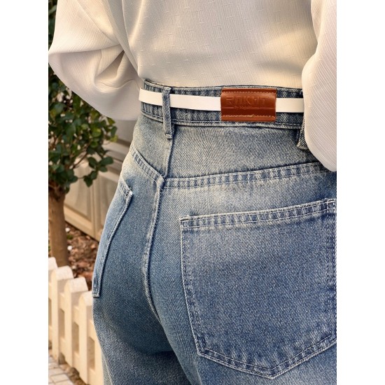 شلوار فلر بگ جین آبی جیب هلالی