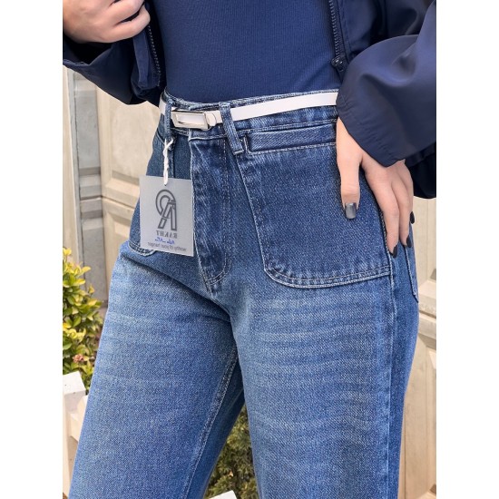 شلوار فلر بگ جین آبی جیب هلالی