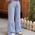 شلوار فلر بگ جین آبی جیب هلالی