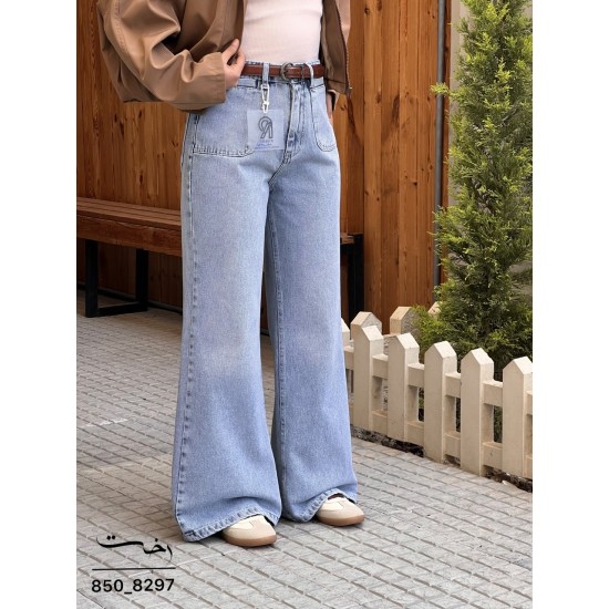 شلوار فلر بگ جین آبی جیب هلالی