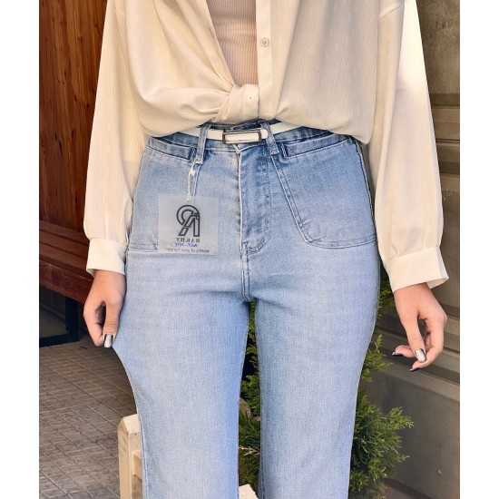 شلوار بوتکات جین آبی جیب هلالی