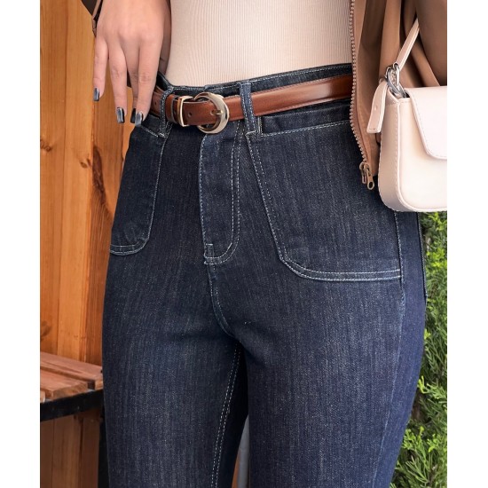 شلوار بوتکات جین آبی جیب هلالی