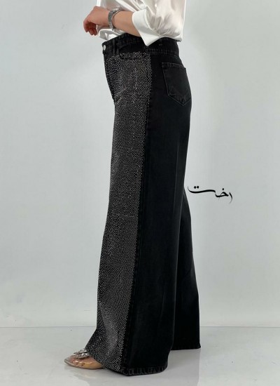 شلوار فول بگ ذغالی نگین دار شلوار فول بگ ذغالی نگین دار