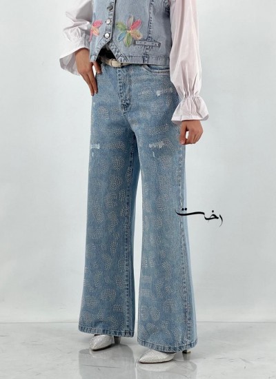 شلوار بگ جین نگین دار آبی شلوار بگ جین نگین دار آبی